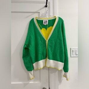 Kerri Rosenthal multicolor puff sleeve cardigan w/ heart buttons + sun on back